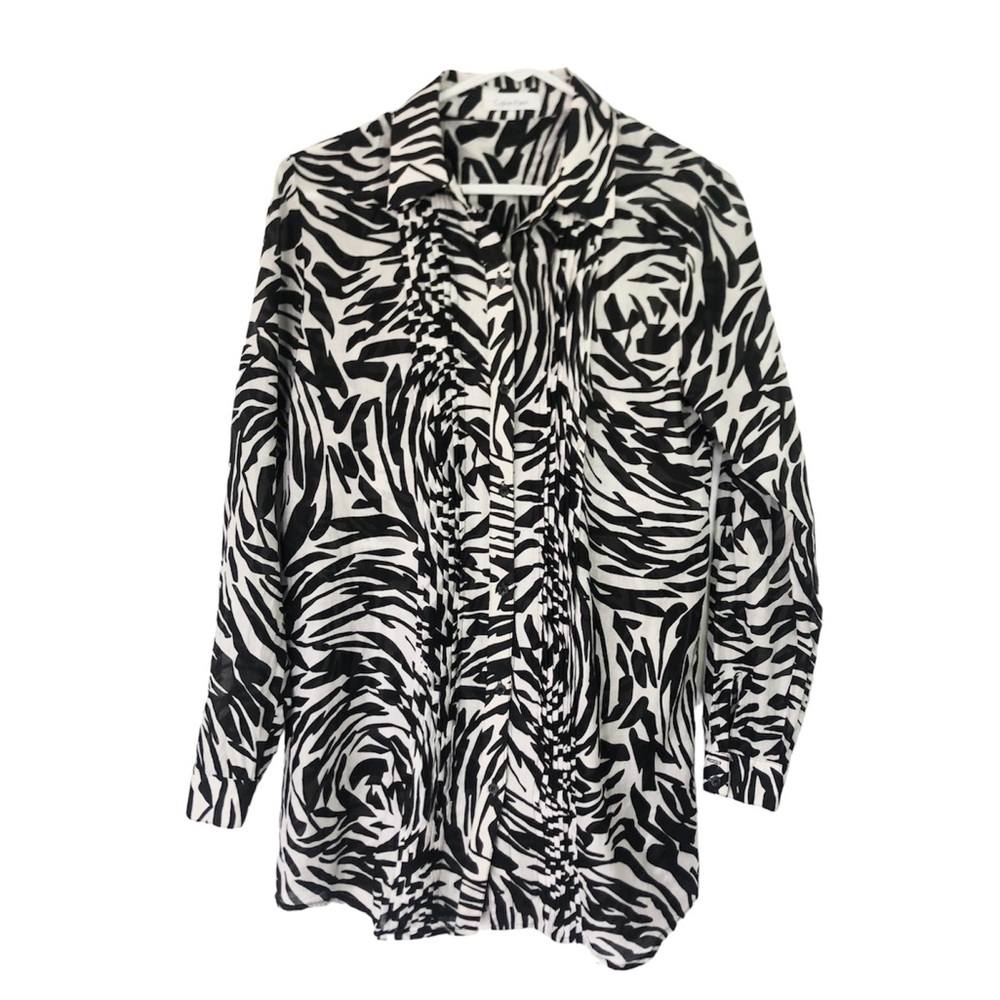Calvin Klein Women's Black and White Zebra Cotton Button Down